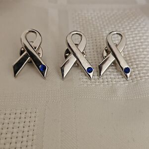 Breast Cancer Awareness Ribbion Pins Set Of 3 Silver & Blue